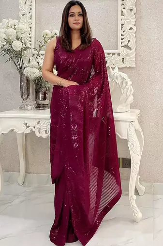 burgundy embellished sequinned pure georgette designer saree