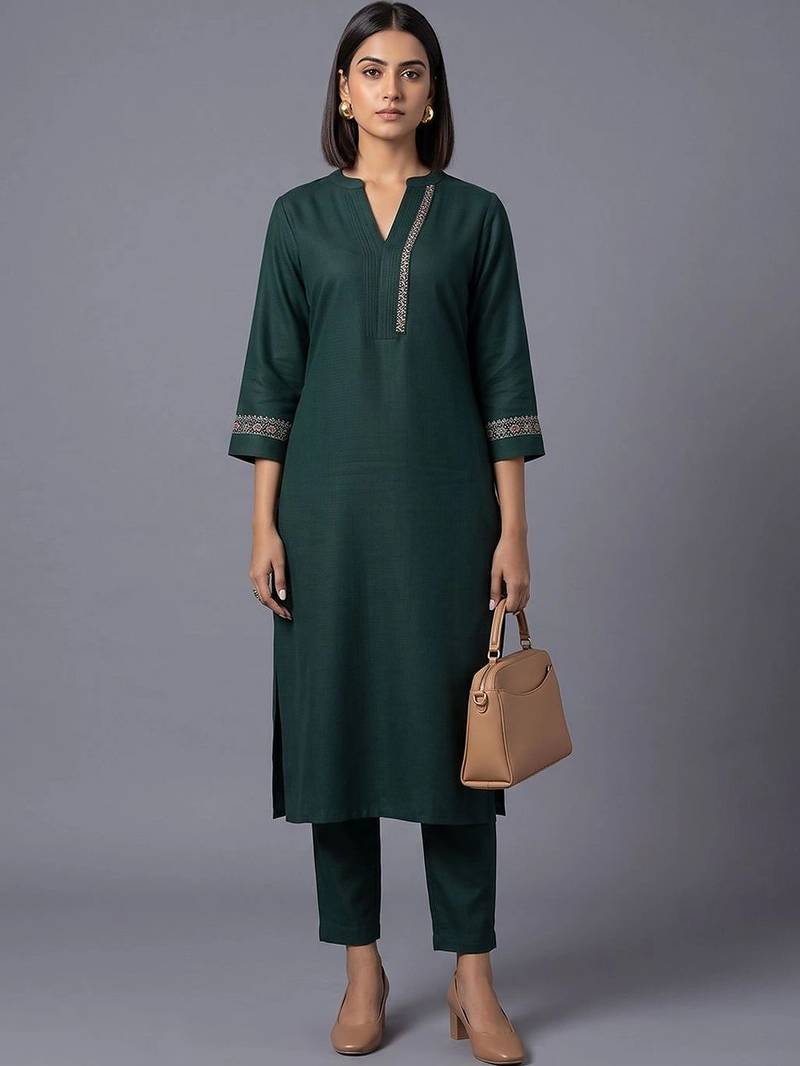 women ethnic motifs embroidered regular thread work kurta with trousers