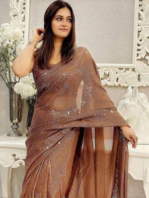 Brown embellished sequinned pure georgette designer saree 1