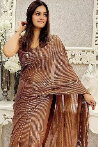 Brown embellished sequinned pure georgette designer saree