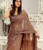 Brown embellished sequinned pure georgette designer saree