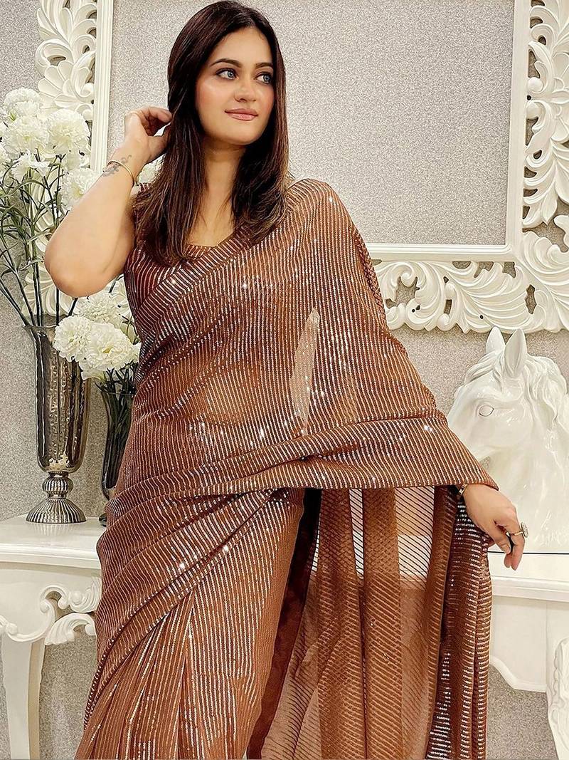 Brown embellished sequinned pure georgette designer saree