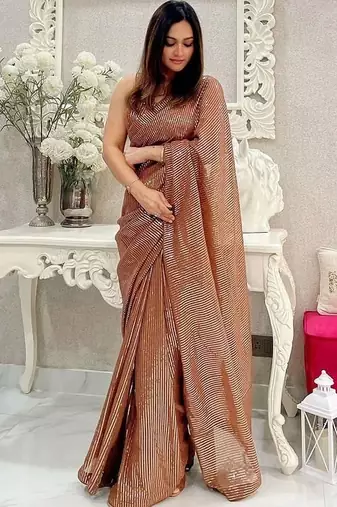 Brown embellished sequinned pure georgette designer saree