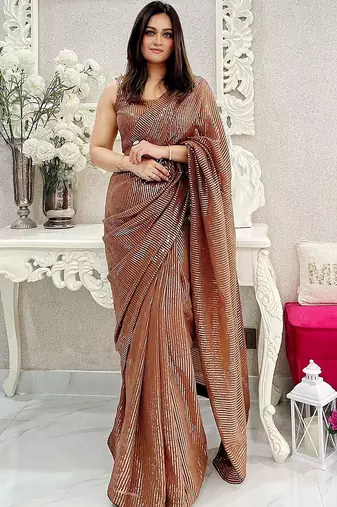 Brown embellished sequinned pure georgette designer saree