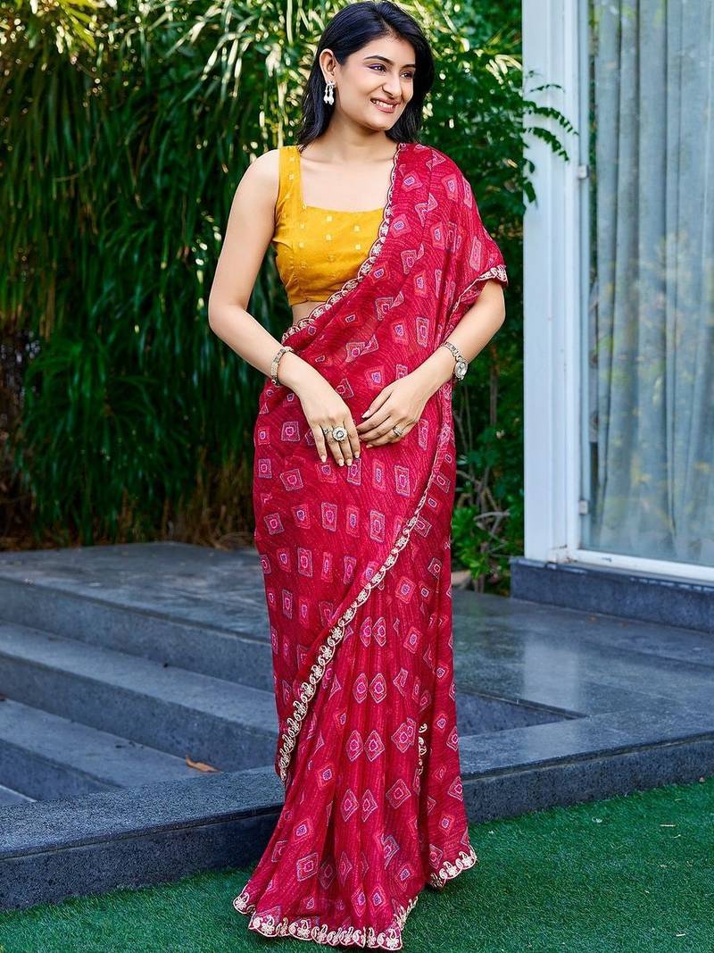 maroon bandhani embroidered poly georgette designer saree
