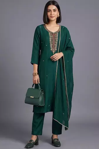 women ethnic motifs embroidered regular thread work kurta with trousers & with dupatta
