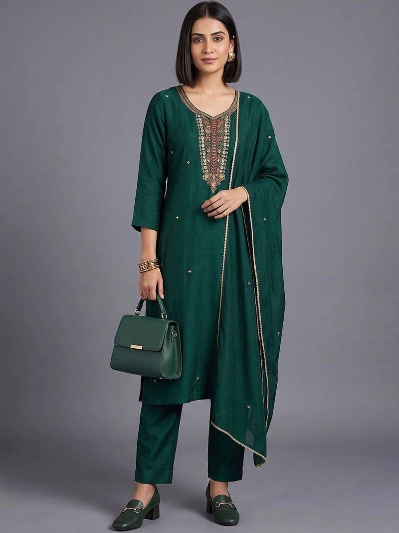 women ethnic motifs embroidered regular thread work kurta with trousers & with dupatta