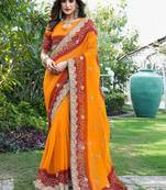 orange bandhani zari poly georgette heavy work bandhani saree