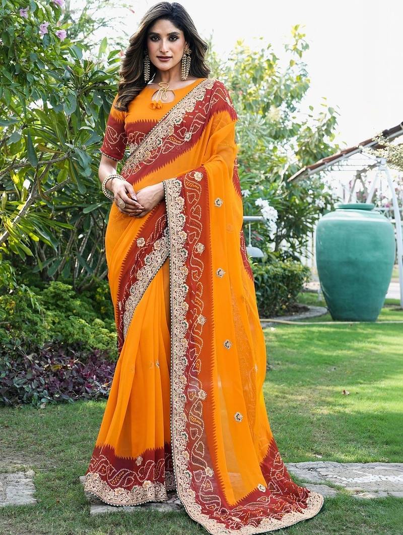 orange bandhani zari poly georgette heavy work bandhani saree