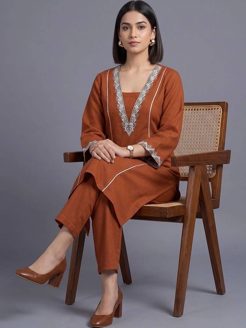 women ethnic motifs embroidered regular thread work kurta with trousers