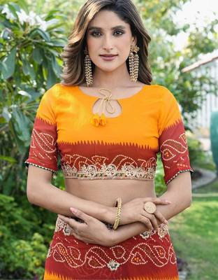 orange bandhani zari poly georgette heavy work bandhani saree 5
