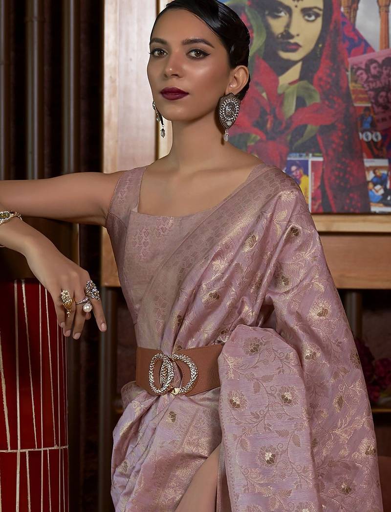 mauve ethnic motifs woven design zari banarasi saree