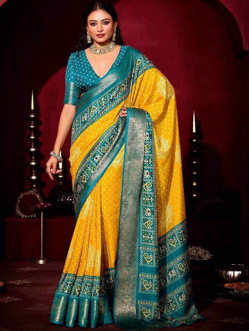 yellow ethnic motifs zari silk blend patola saree