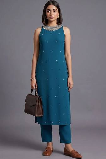 women ethnic motifs regular beads and stones kurta with trousers