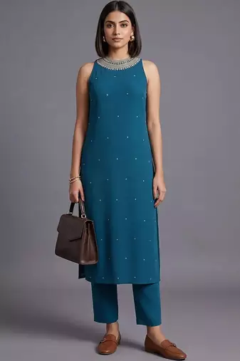 women ethnic motifs regular beads and stones kurta with trousers