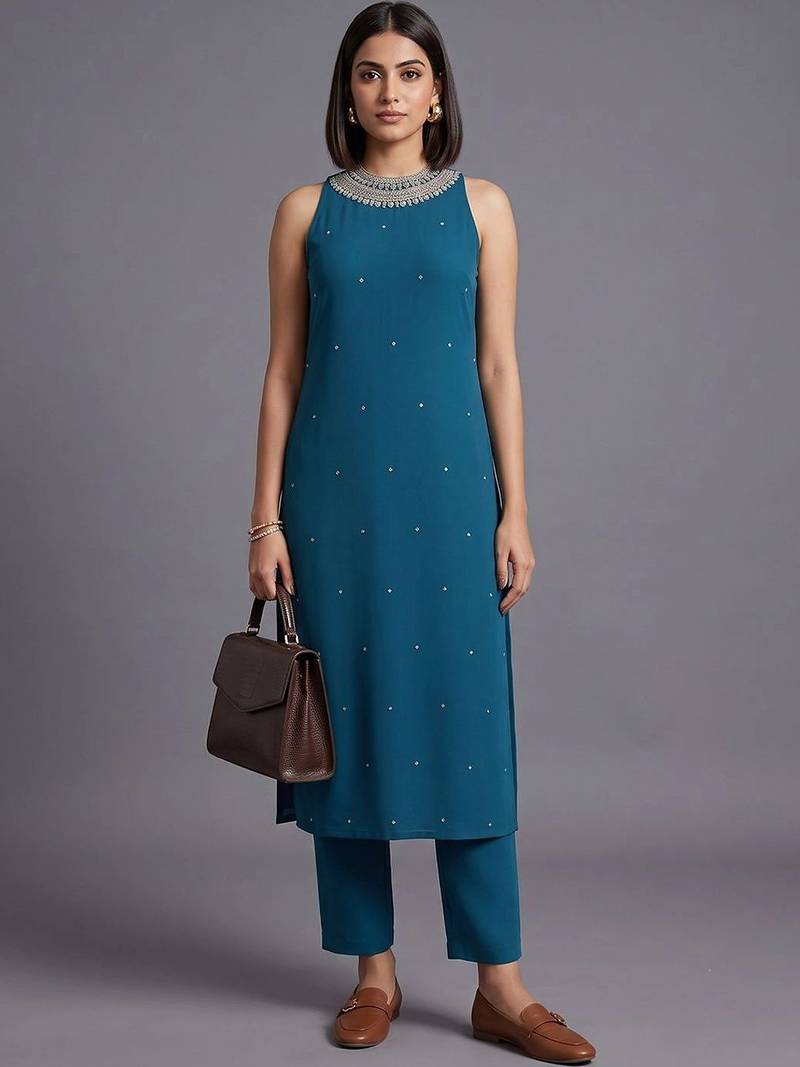women ethnic motifs regular beads and stones kurta with trousers