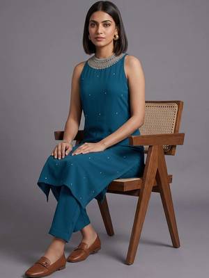 women ethnic motifs regular beads and stones kurta with trousers 3