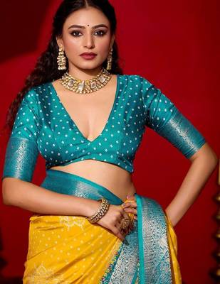 yellow ethnic motifs zari silk blend patola saree 5