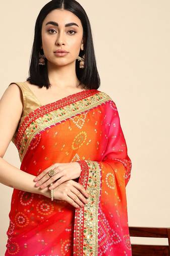 beige gotta patti poly georgette half and half bandhani saree