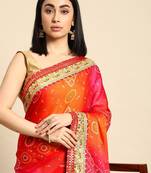 beige gotta patti poly georgette half and half bandhani saree