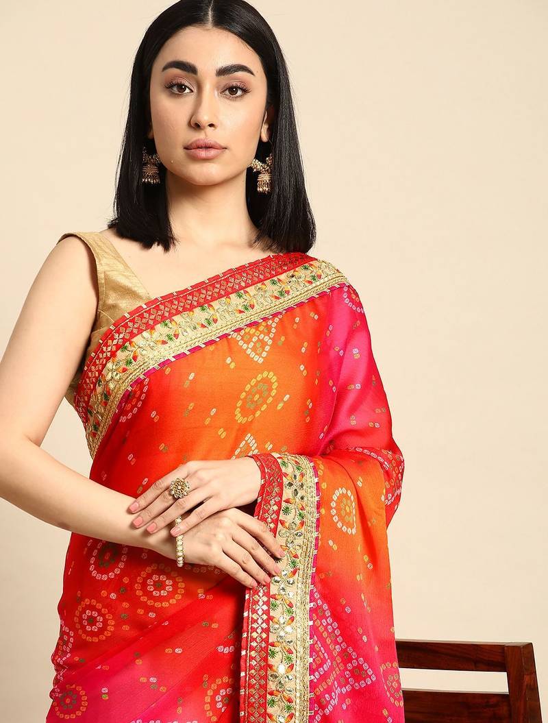 beige gotta patti poly georgette half and half bandhani saree