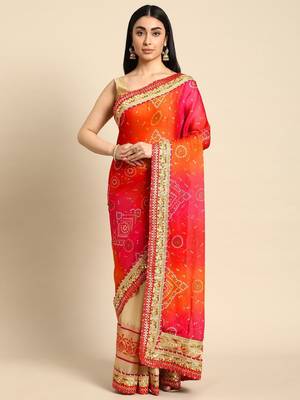 beige gotta patti poly georgette half and half bandhani saree 2