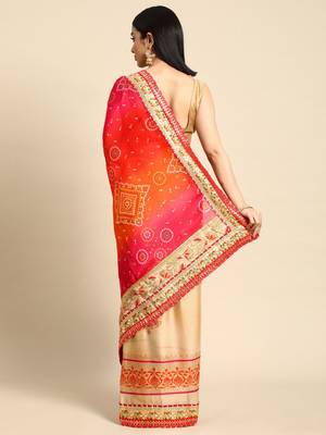 beige gotta patti poly georgette half and half bandhani saree 3
