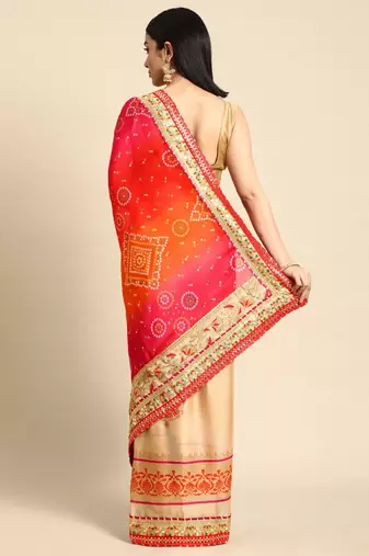 beige gotta patti poly georgette half and half bandhani saree