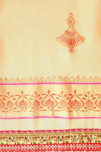 beige gotta patti poly georgette half and half bandhani saree
