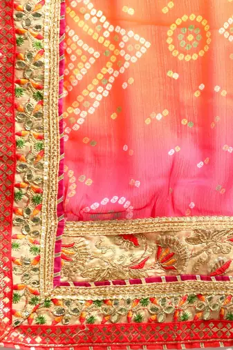 beige gotta patti poly georgette half and half bandhani saree