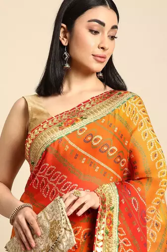 pink gotta patti poly georgette bandhani saree