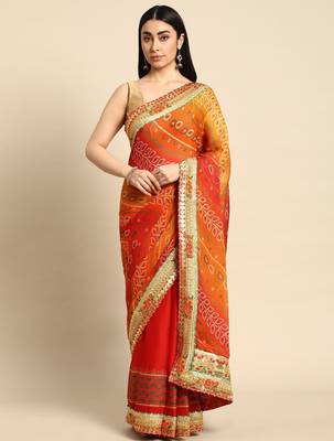 pink gotta patti poly georgette bandhani saree 2