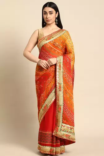 pink gotta patti poly georgette bandhani saree