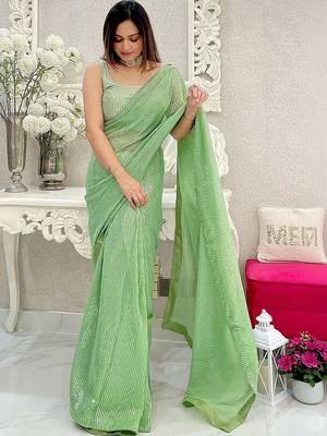 light_lime striped sequinned pure georgette designer saree 1