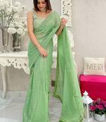 light_lime striped sequinned pure georgette designer saree