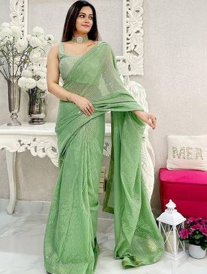 light_lime striped sequinned pure georgette designer saree 3