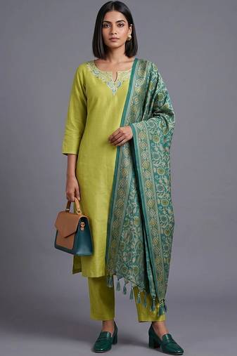 women ethnic motifs embroidered regular thread work kurta with trousers & with dupatta