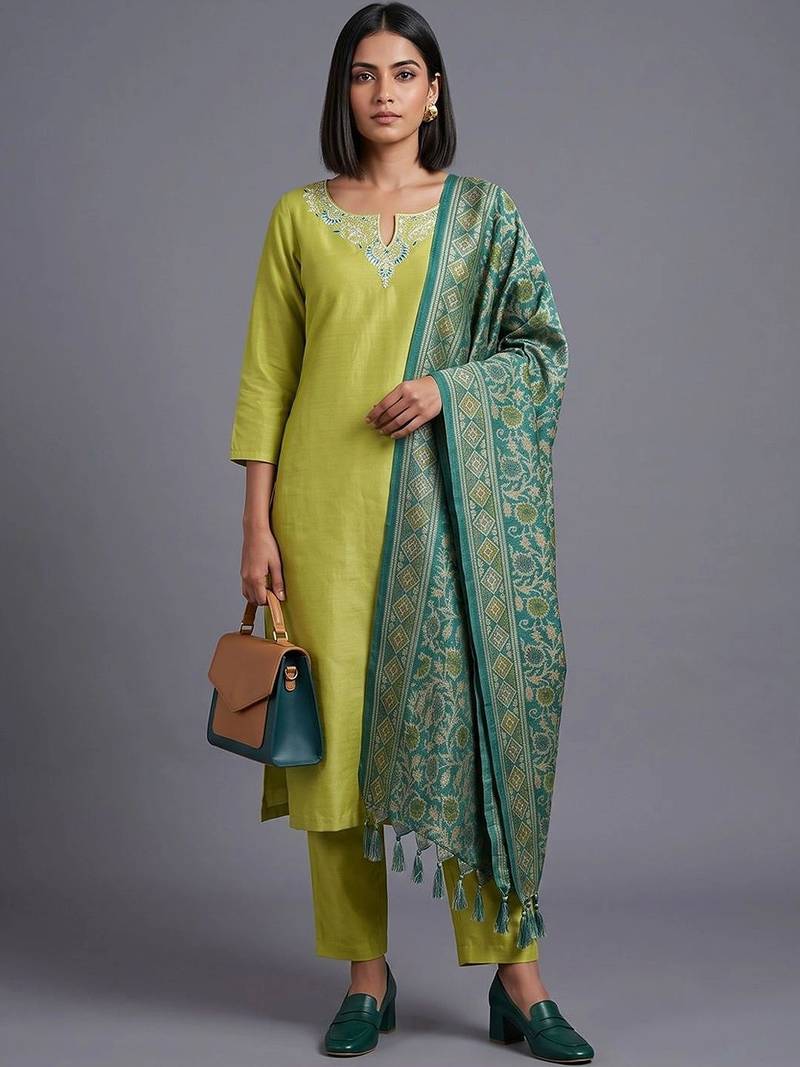 women ethnic motifs embroidered regular thread work kurta with trousers & with dupatta