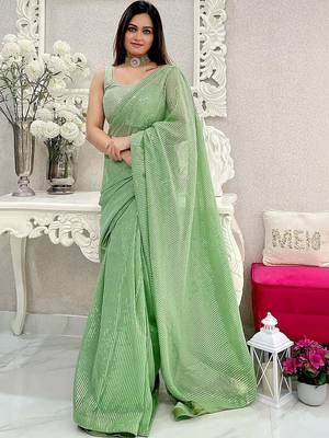 light_lime striped sequinned pure georgette designer saree 5