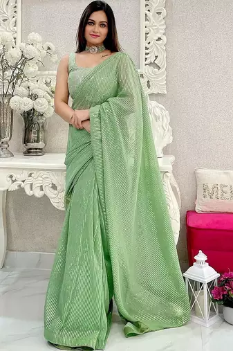 light_lime striped sequinned pure georgette designer saree
