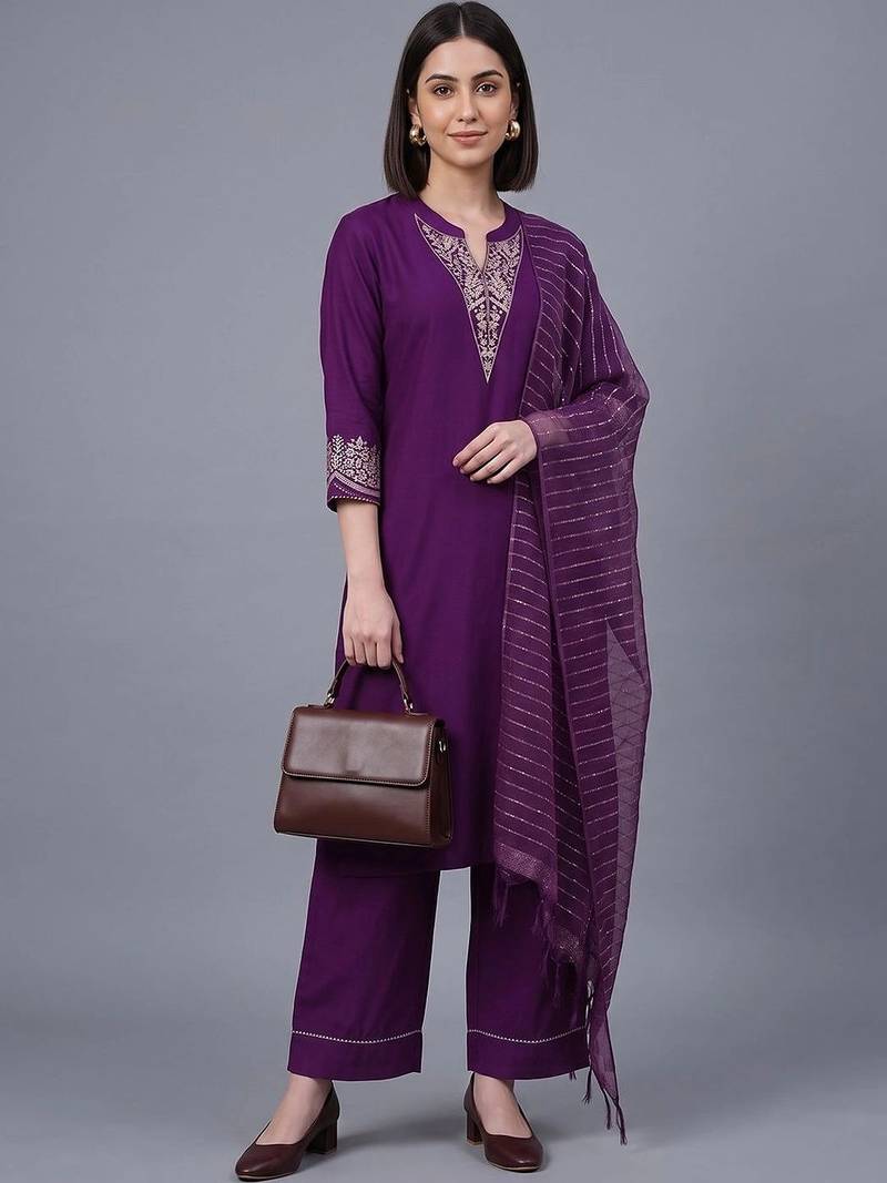 women ethnic motifs embroidered regular thread work kurta with palazzos & with dupatta