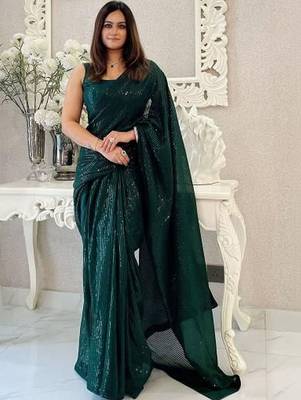green embellished sequinned pure georgette designer saree 1