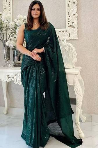green embellished sequinned pure georgette designer saree