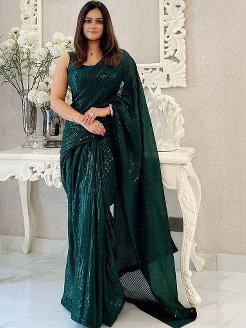 green embellished sequinned pure georgette designer saree
