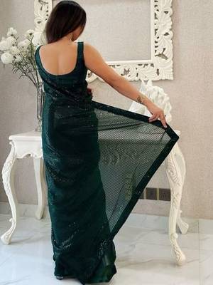 green embellished sequinned pure georgette designer saree 2