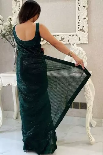green embellished sequinned pure georgette designer saree