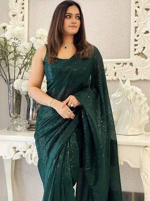 green embellished sequinned pure georgette designer saree 3