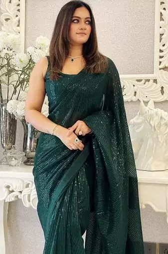 green embellished sequinned pure georgette designer saree