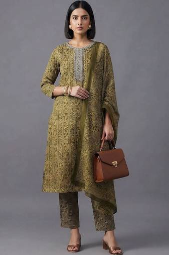 women ethnic motifs printed regular mirror work kurta with trousers & with dupatta