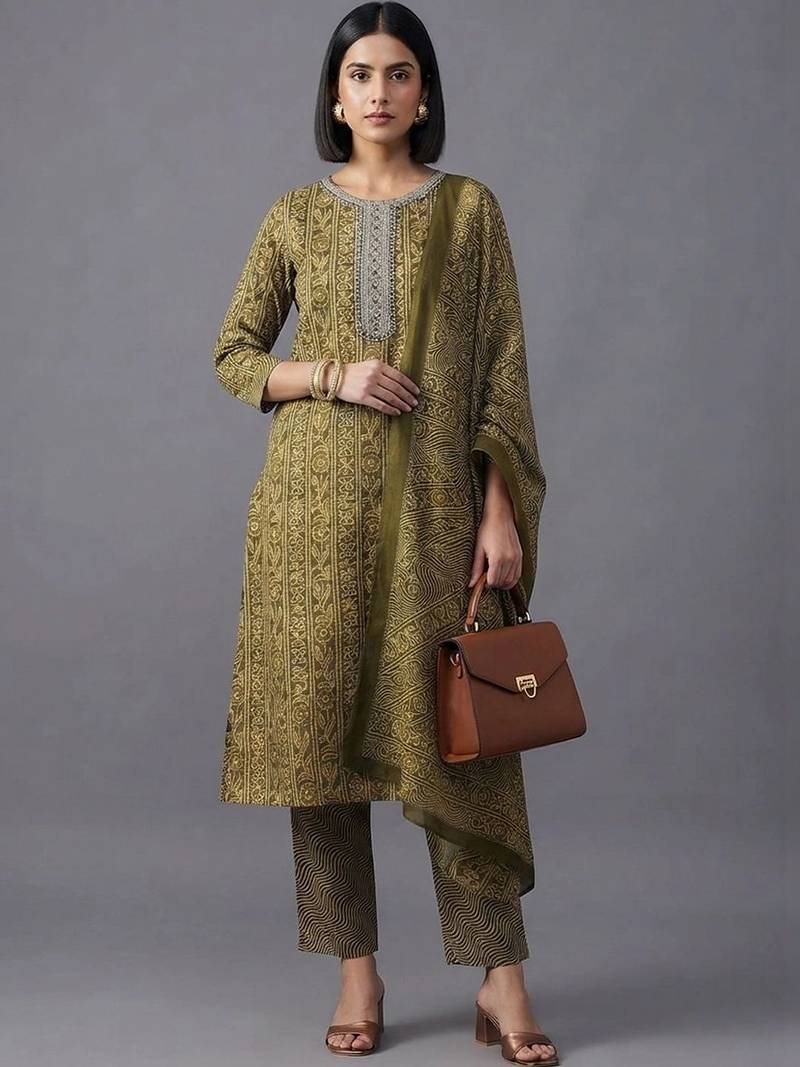 women ethnic motifs printed regular mirror work kurta with trousers & with dupatta
